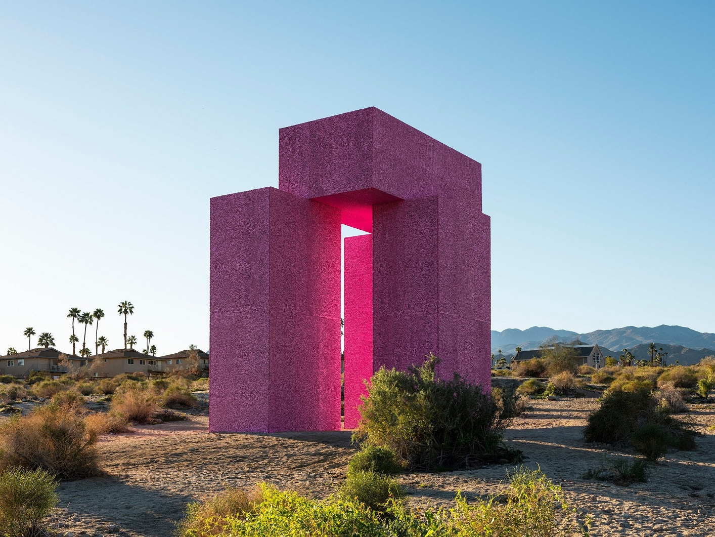 Superflex artwork showing a pink sculpture in a Californian desert
