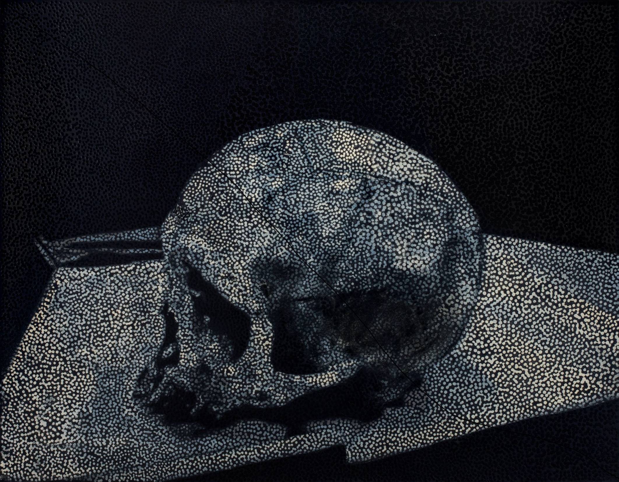 A painting of a skull made up of white and grey dots against a dark background