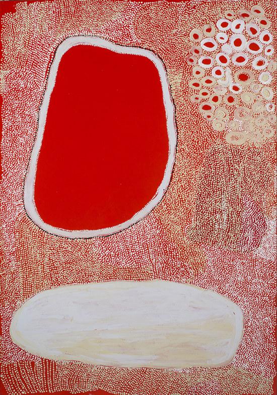 A painting with a large red shape backgrounded by small white and red circles and dots