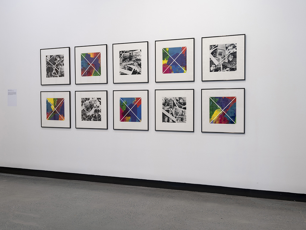 Ten artworks hanging on a wall, half of them are colourful and half are black and white