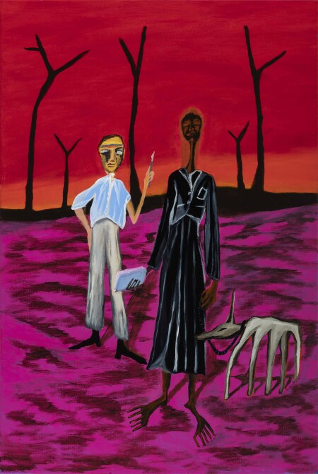 A painting of two people, one is holding a paint brush and the other is standing beside a dingo