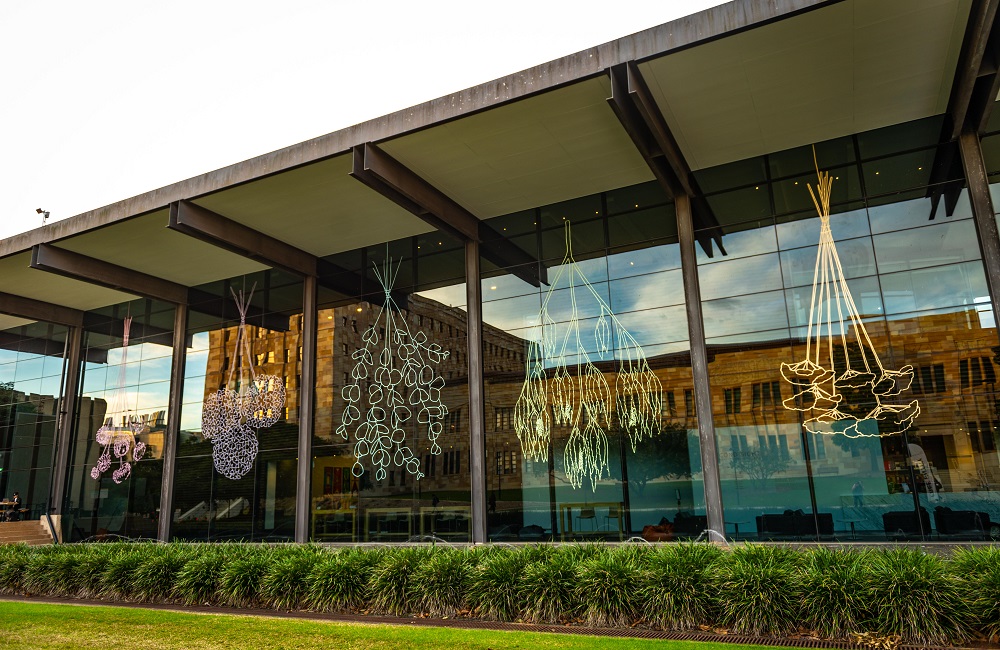 Exterior of the art museum with an artwork on the window