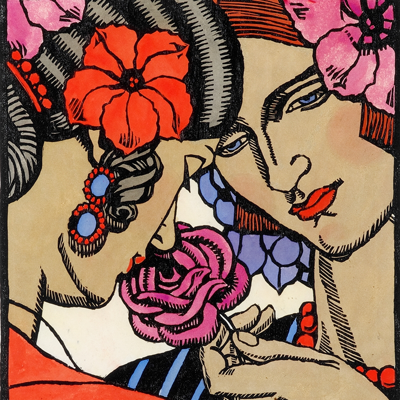 Woodcut by Thea Proctor showing two women with a rose