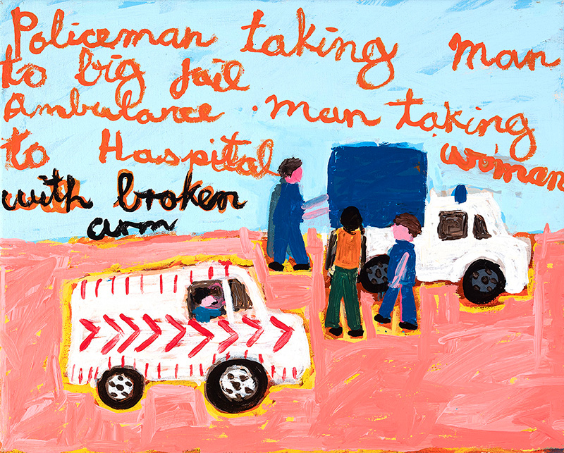 Sally M Nangala Mulda, 'Policeman Taking Man to Big Jail', 2019  acrylic on linen  Courtesy of the artist and Edwina Corlette Gallery, Turrbal Country/Brisbane.  Collection of The University of Queensland, purchased 2019. Photo: Carl Warner.