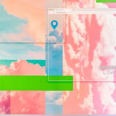 Artwork detail showing pink clouds and desktop screens