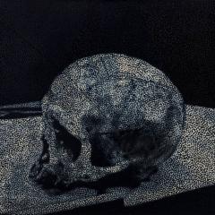 A painting of a skull made up of white and grey dots against a dark background