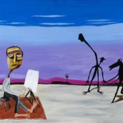 A painting of a man sitting in front of a canvas with silhouetted figures in the background