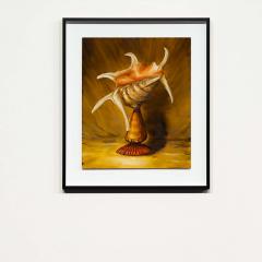 Artwork, “Monuments to the South-West Waters of the Great Ocean”, by Chistopher Bassi depicts large seashells balanced on top of each other in a sculptural composition. It is painted in warm yellow, orange and brown colours.  