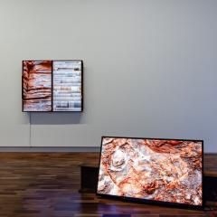 Open Spatial Workshop (Terri Bird, Bianca Hester, and Scott Mitchell), Metabolic Scales 2022-2025, banded Iron, LED sign, moving image, sound, mild steel, installation view, These Entanglements: Ecology After Nature, The University of Queensland Art Museum, 2025 (Detail). Courtesy of the Artists. Photo: Joe Ruckli.